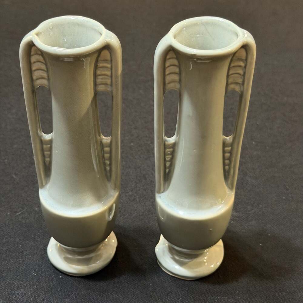Two Vintage Shawnee Pottery Double Handle Bud Vase Light Grey Art Deco 8” #1178